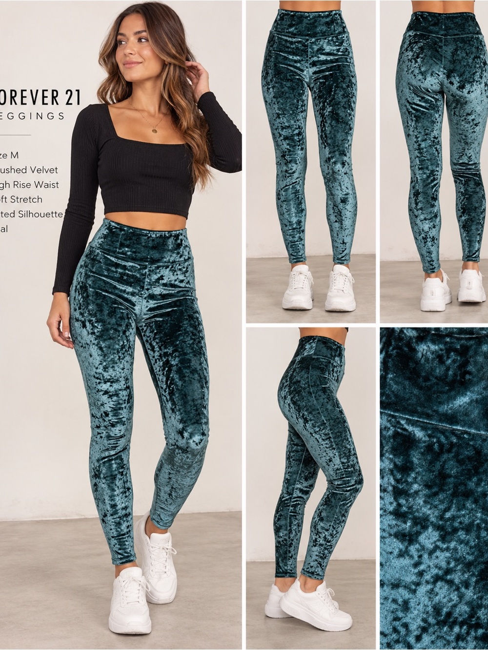 Forever 21 Teal Crushed Velvet High-Rise Leggings Size M Y2K Holiday Festival